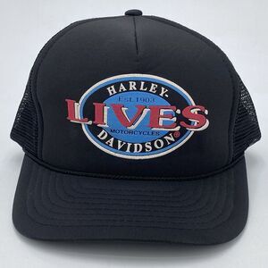 Vintage Harley Davidson Lives Snapback Retro Hat Foam Trucker Black 90s (H20)